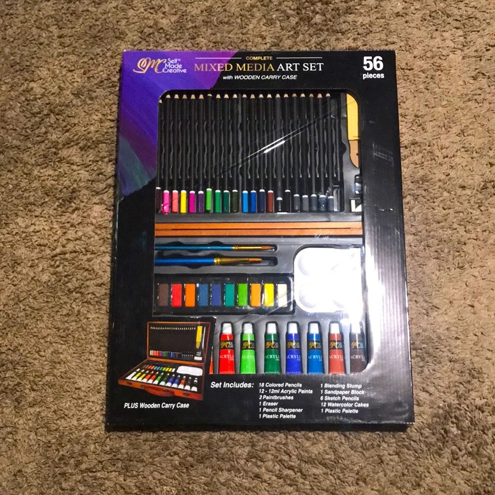 (SMC) Self Made Creative.. mixed media art set 56pc. w/wooden carry case..